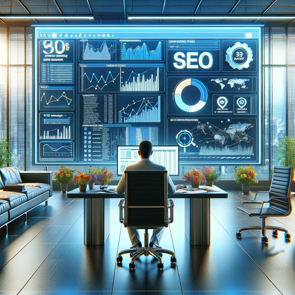 dalle 2023 12 23 08.46.01 hyperrealistic image of a digital marketing expert analyzing seo data on a large screen filled with graphs and keywords in a modern office setting. t https://seo360.com.mx/seo/revoluciona-tu-estrategia-digital-con-seo-360/